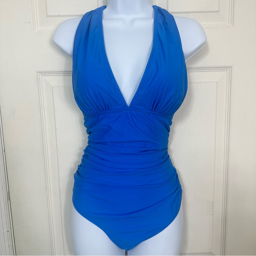 NWT Cupshe Blue Halter Swimsuit V‎ Neck Size XLarge Ruching